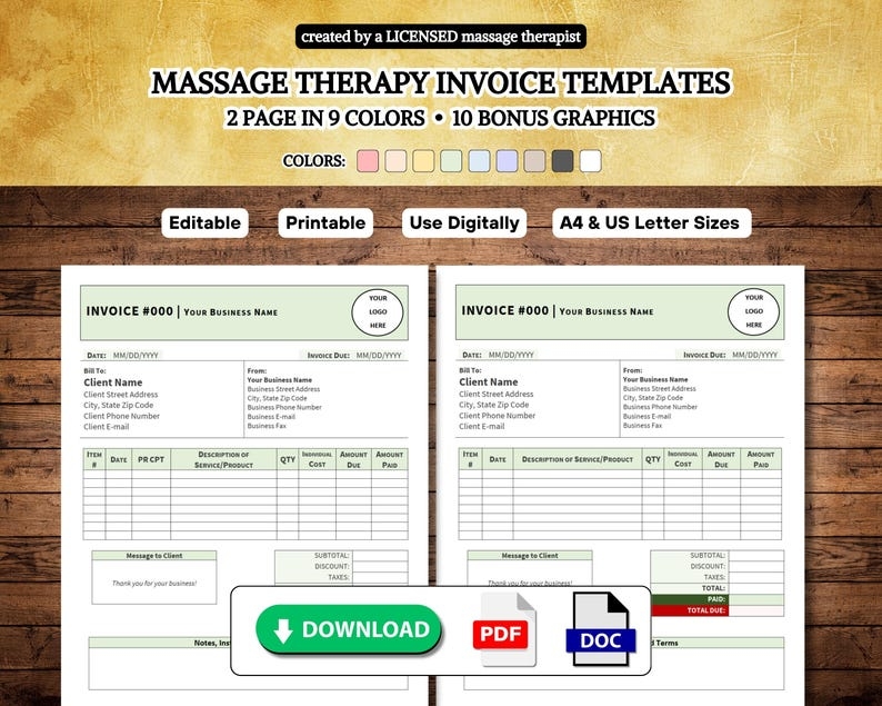 Massage Therapy Invoice Templates 2 Pages PDF DOC Digital 
