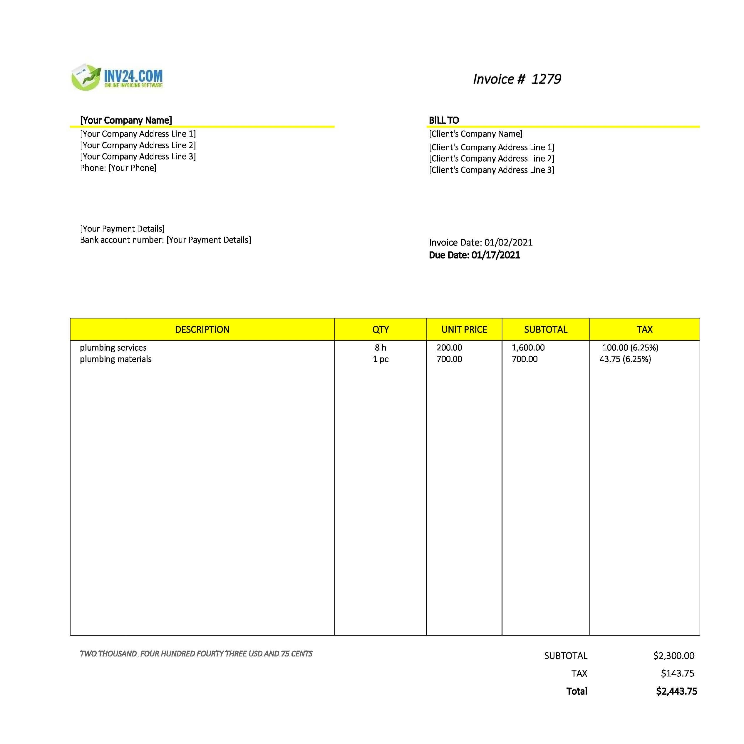 Plumbing Invoice Template Excel Google Sheets 