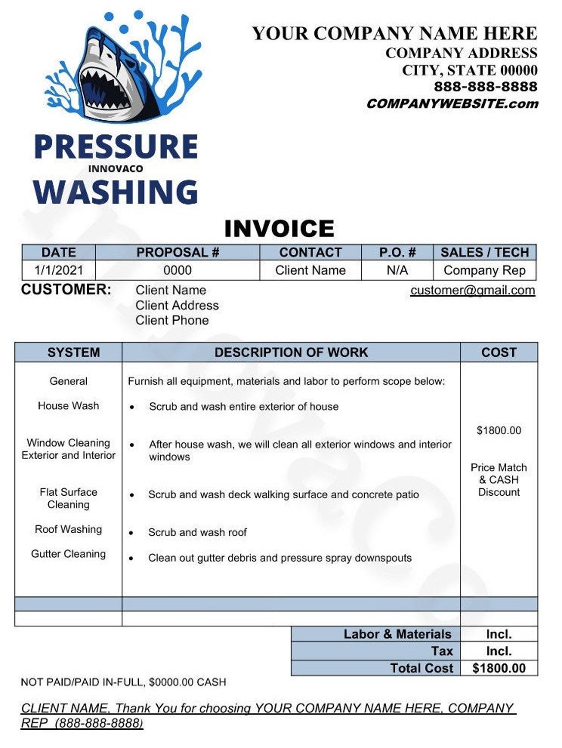 Pressure Washing Invoice Soft Wash Invoice Power Wash Invoice 