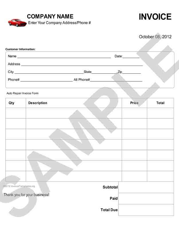 Printable Auto Repair Invoice Free