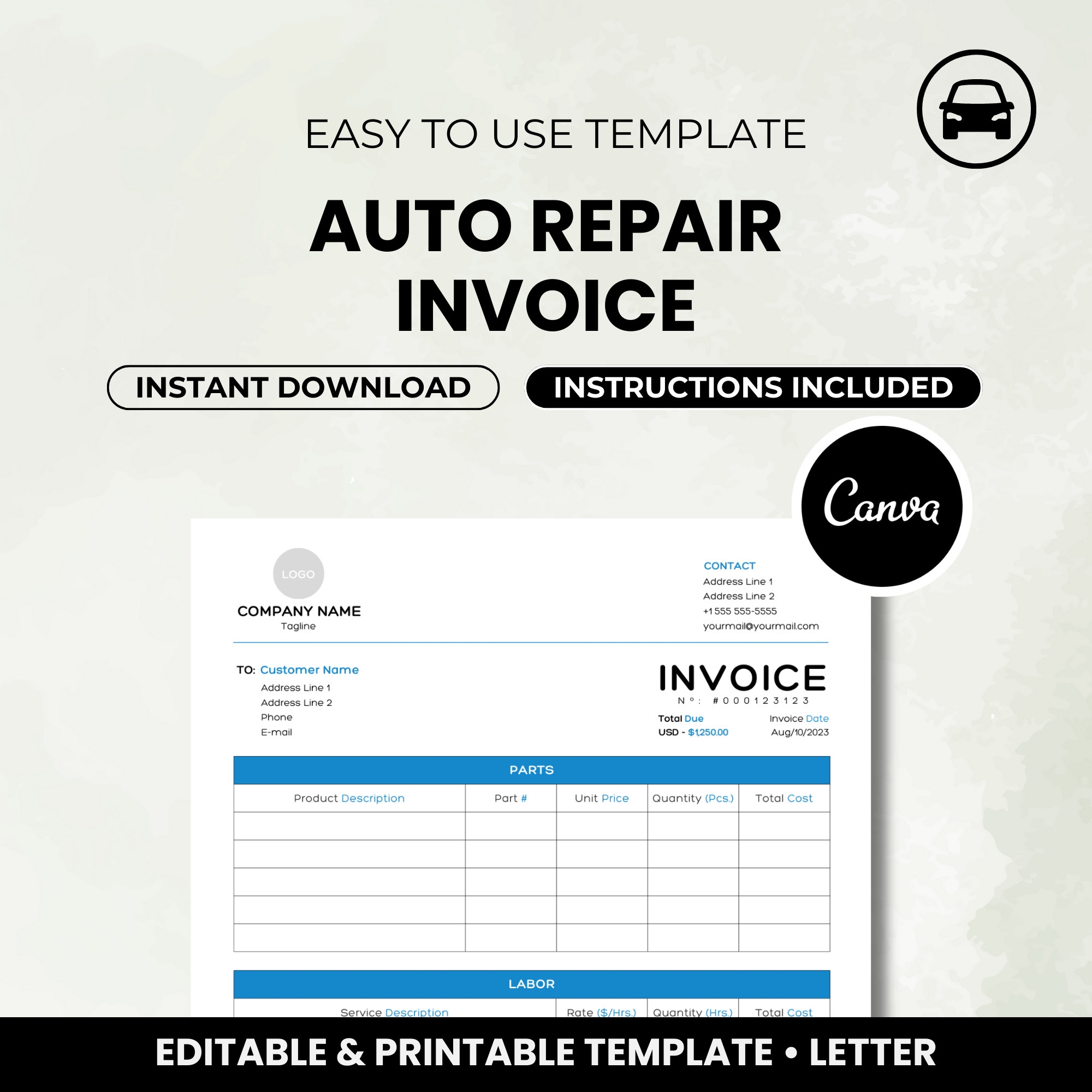 Printable Auto Repair Invoice Template Blank Auto Body Repair Invoice 