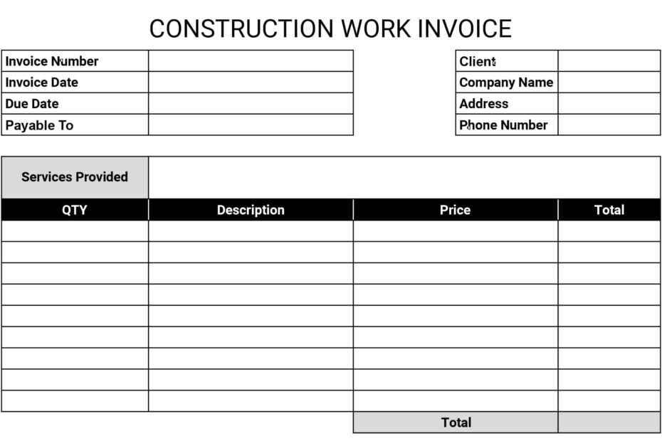 Printable Construction Work Invoice Template