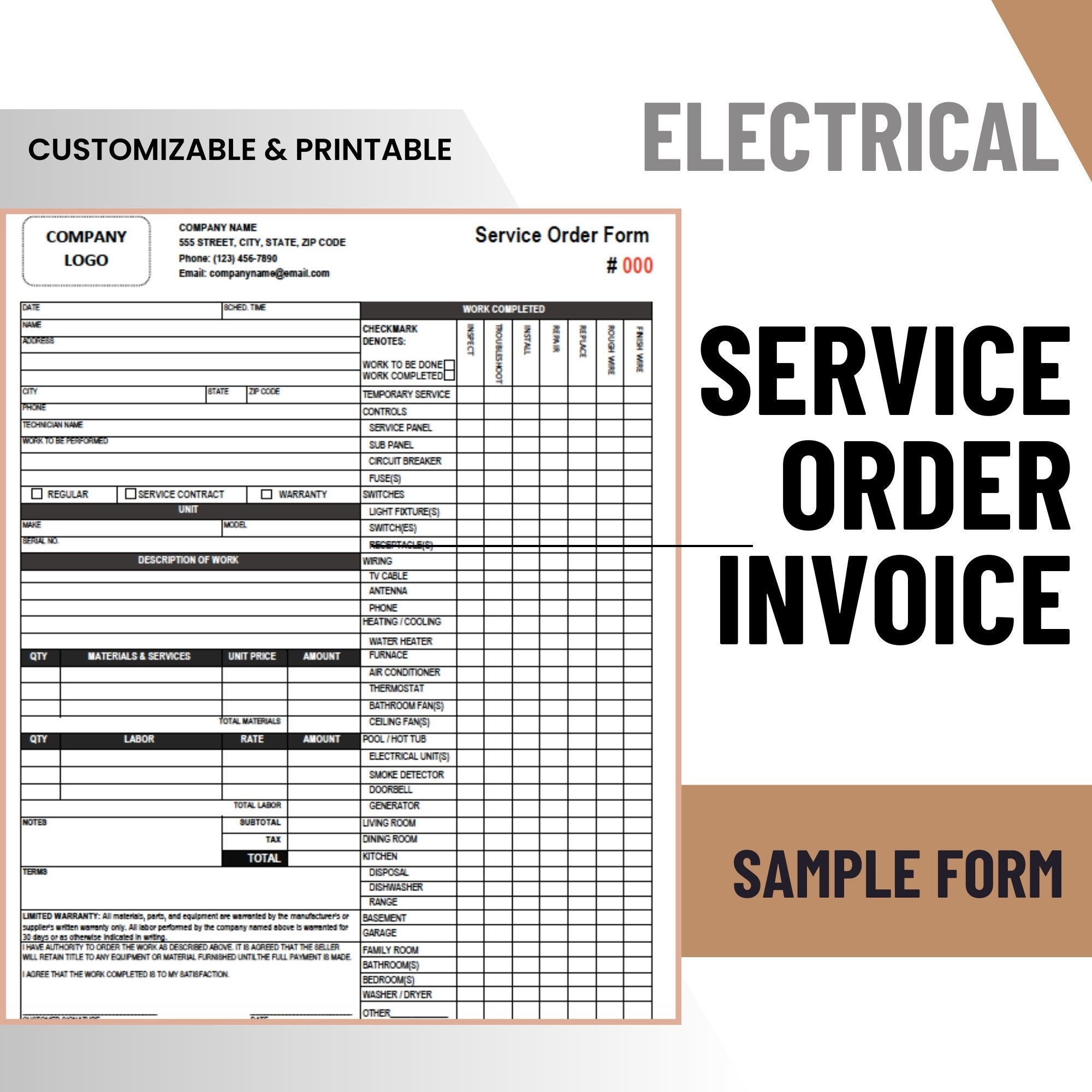 Printable Electrical Service Order Form Invoice Etsy