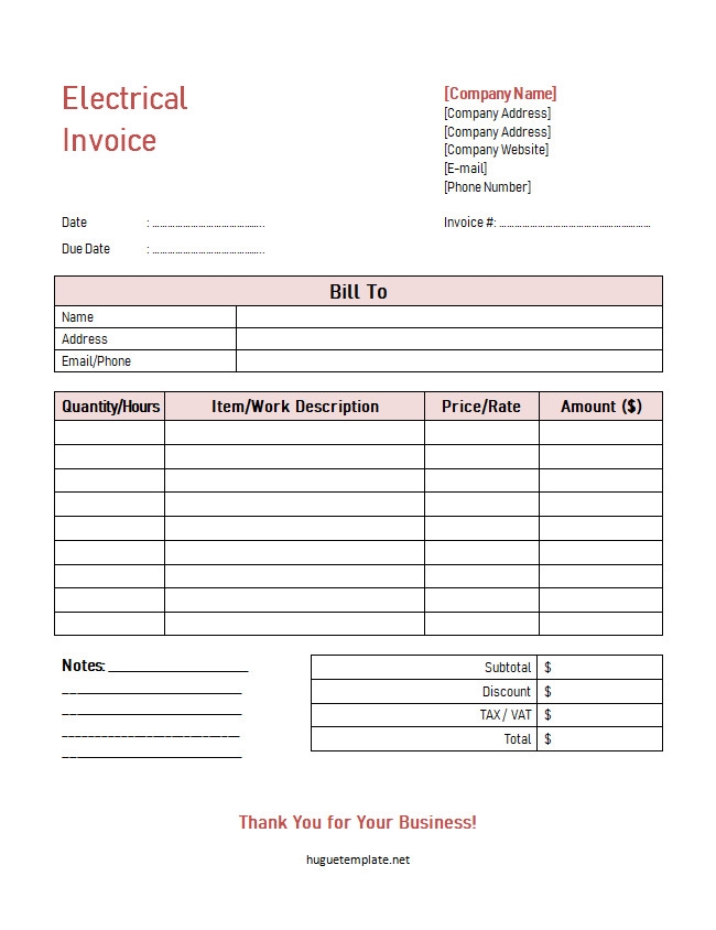 Printable Electrical Work Invoice Template Word 
