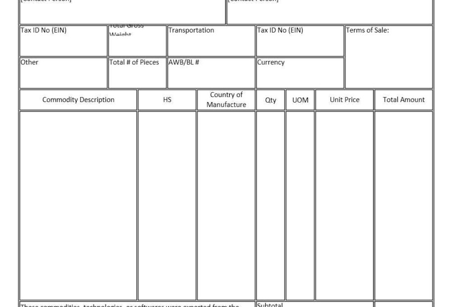 Printable Excel Commercial Invoice Template Templates Printable