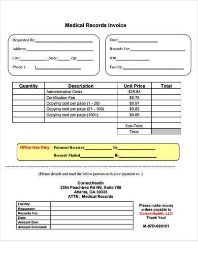 Printable Format Medical Records Invoice Template Free Templates 