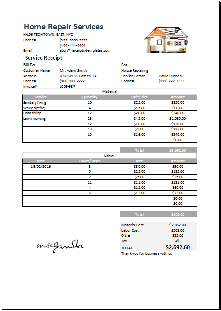 Printable Home Repair Invoice Printable Home Repair Invoice