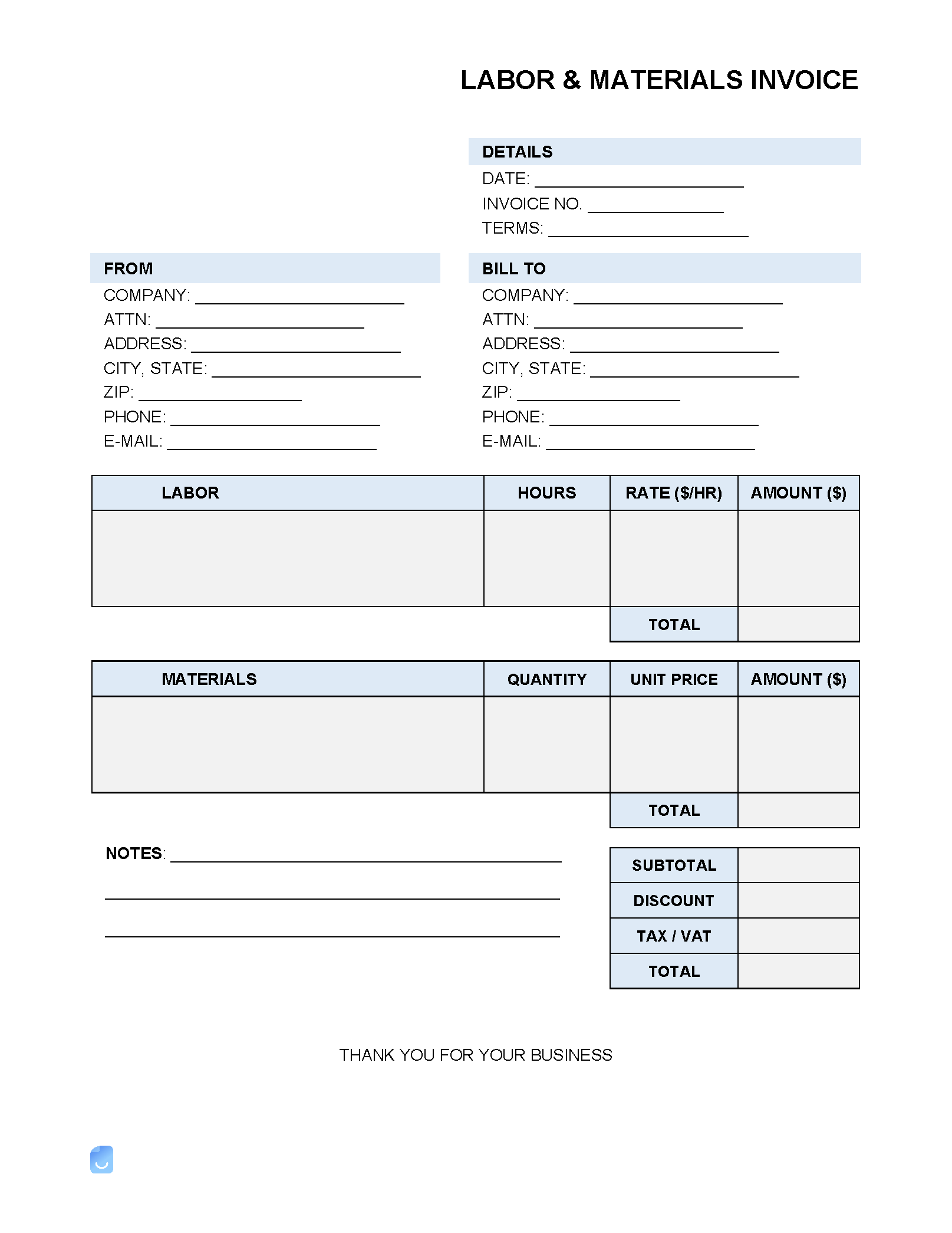 Printable Labor And Materials Invoice Template Printable Labor And Materials Invoice Template