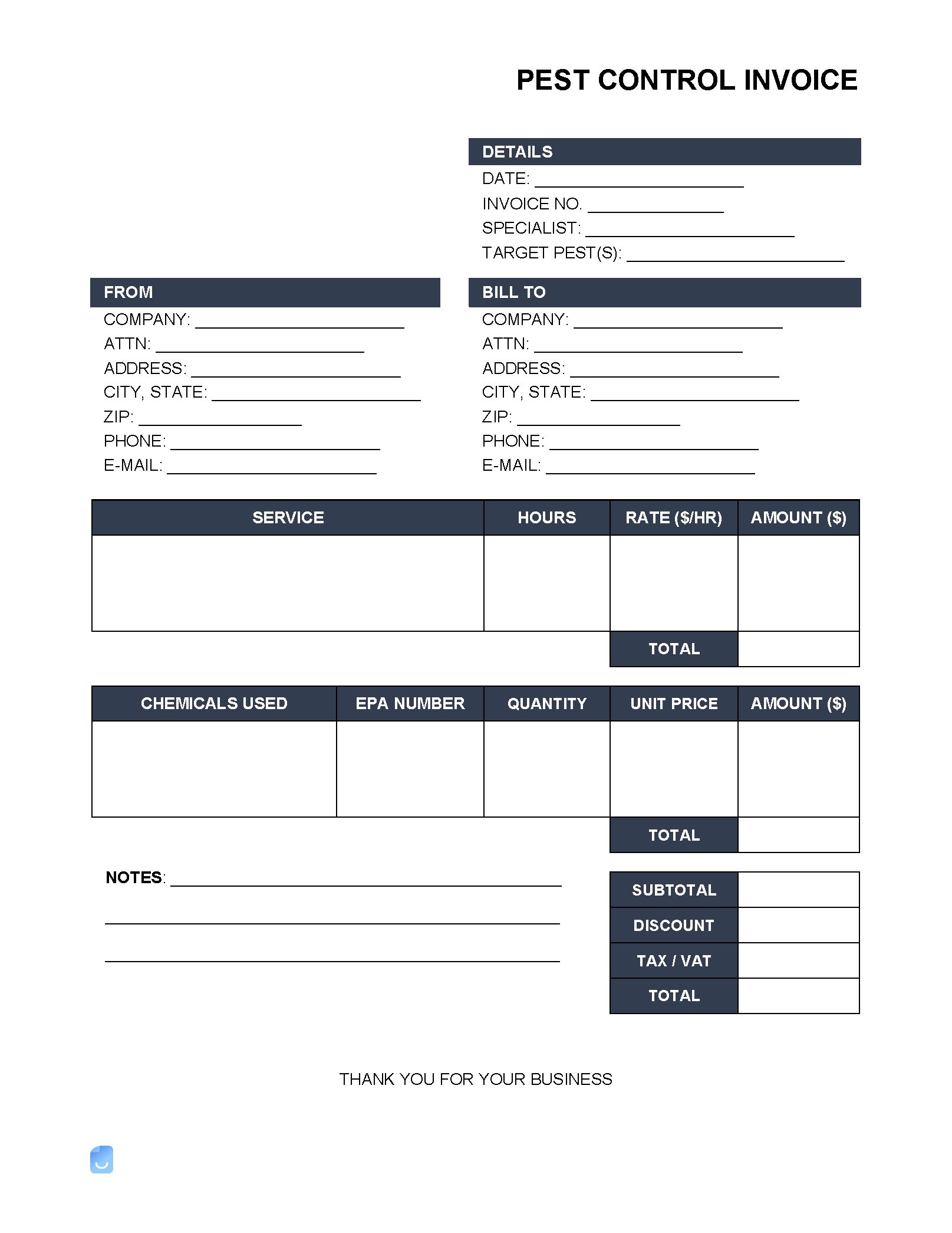 Printable Pest Control Invoice Template