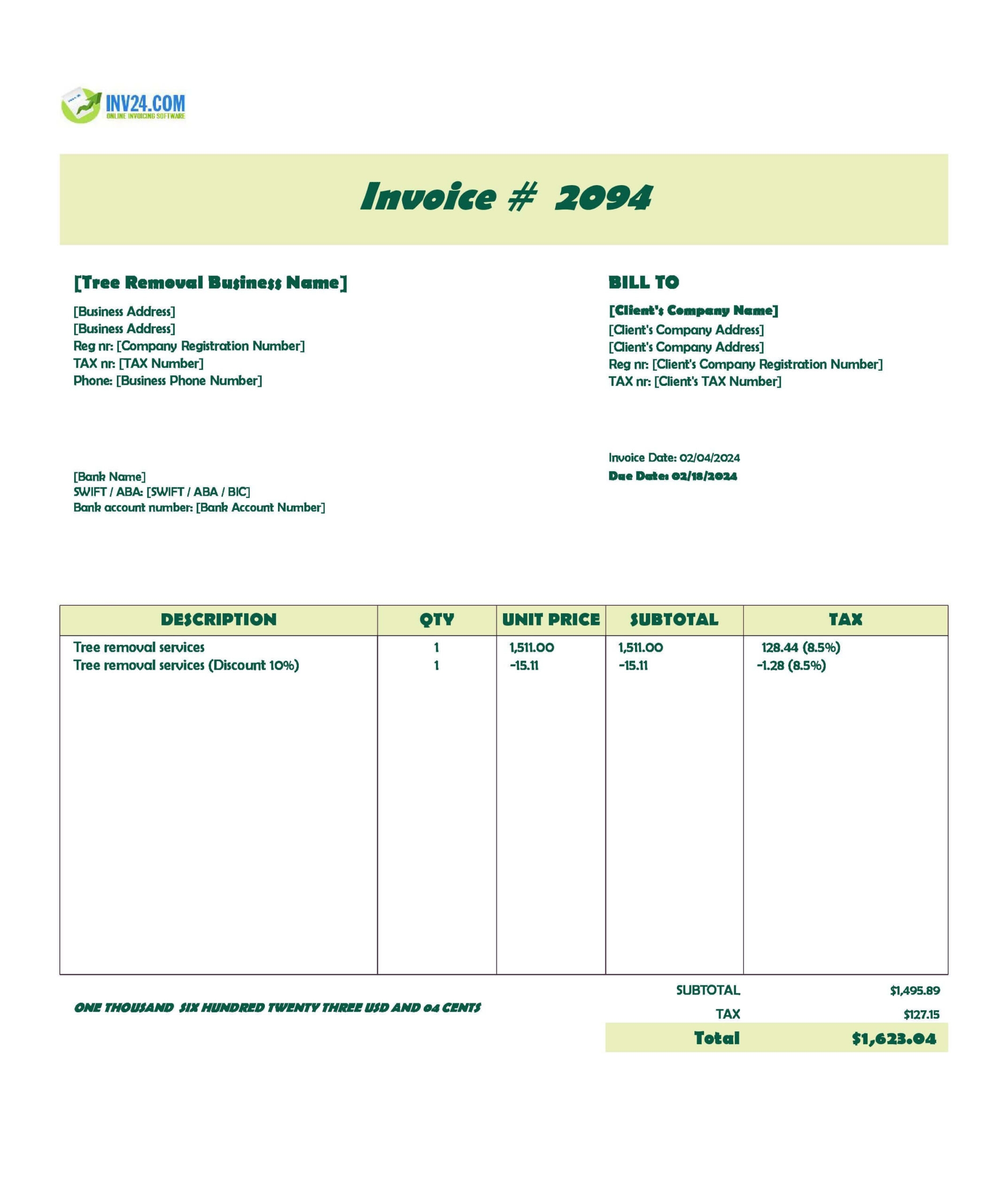 Printable Tree Removal Tree Service Invoice Template
