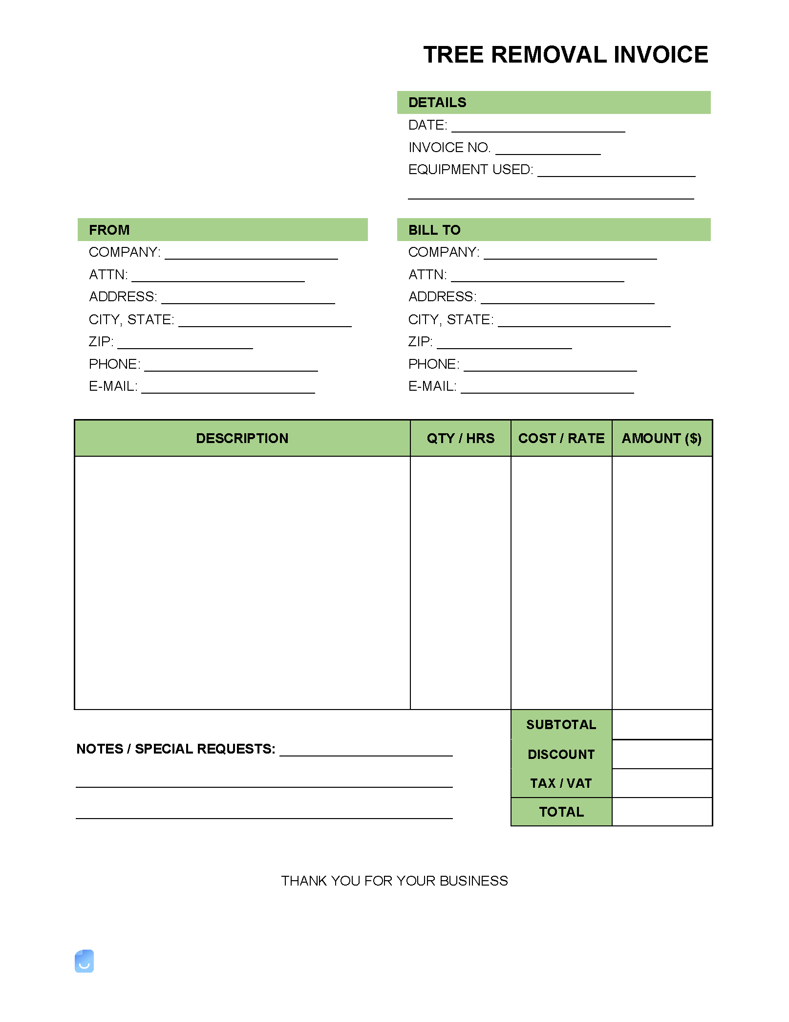 Printable Tree Service Invoice Template