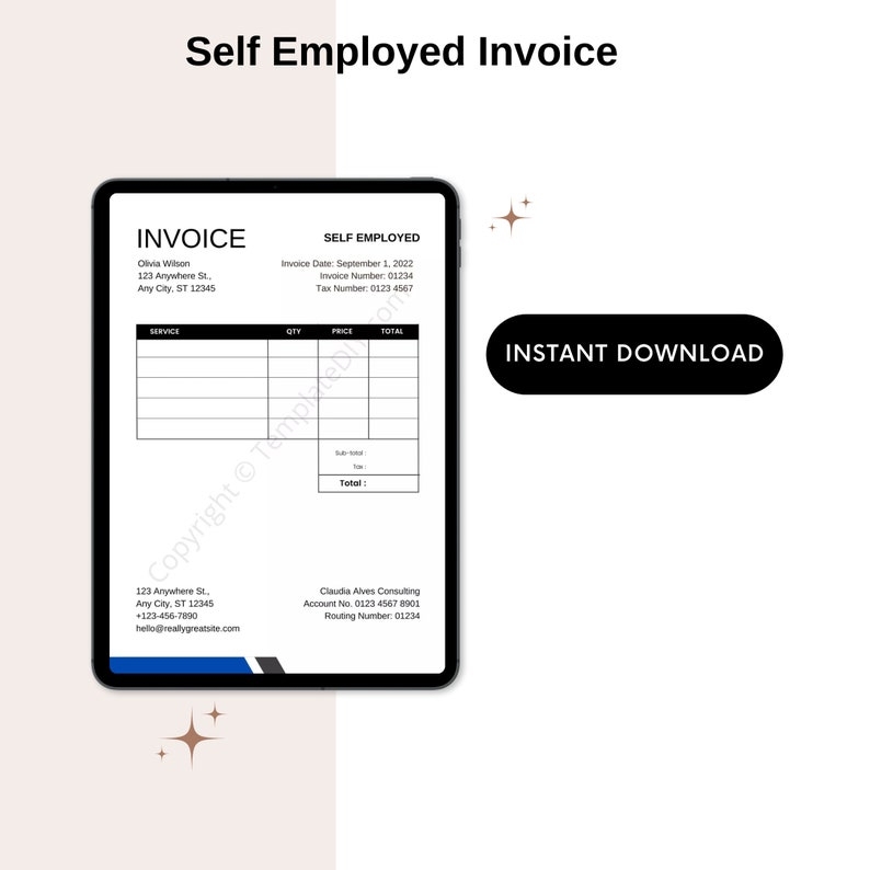 Self Employed Invoice Template Printable Blank In PDF Excel Etsy