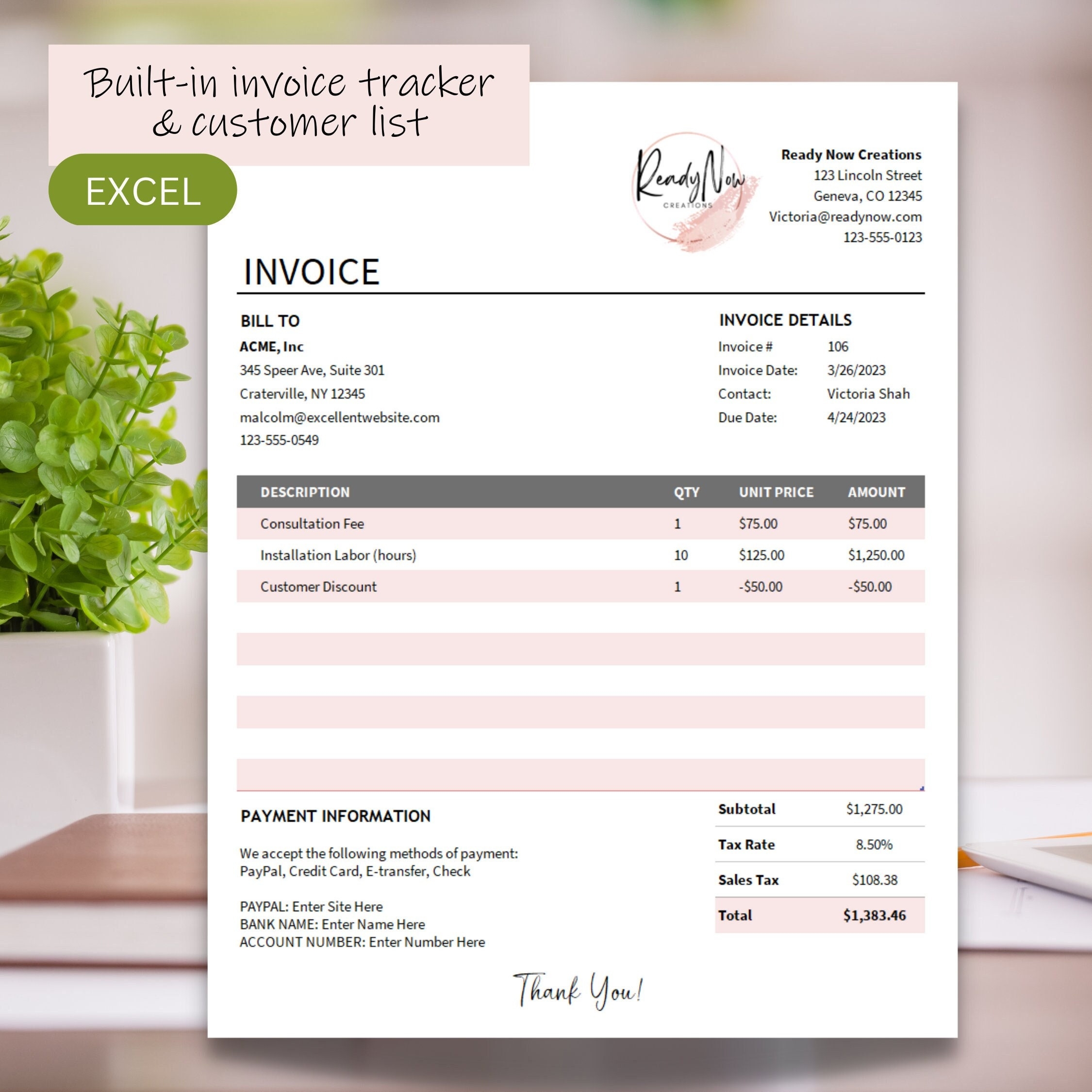 Simple Sales Invoice With Built in Customer List And Invoice Tracking Sheet I Grayscale And Color Included I EXCEL Etsy