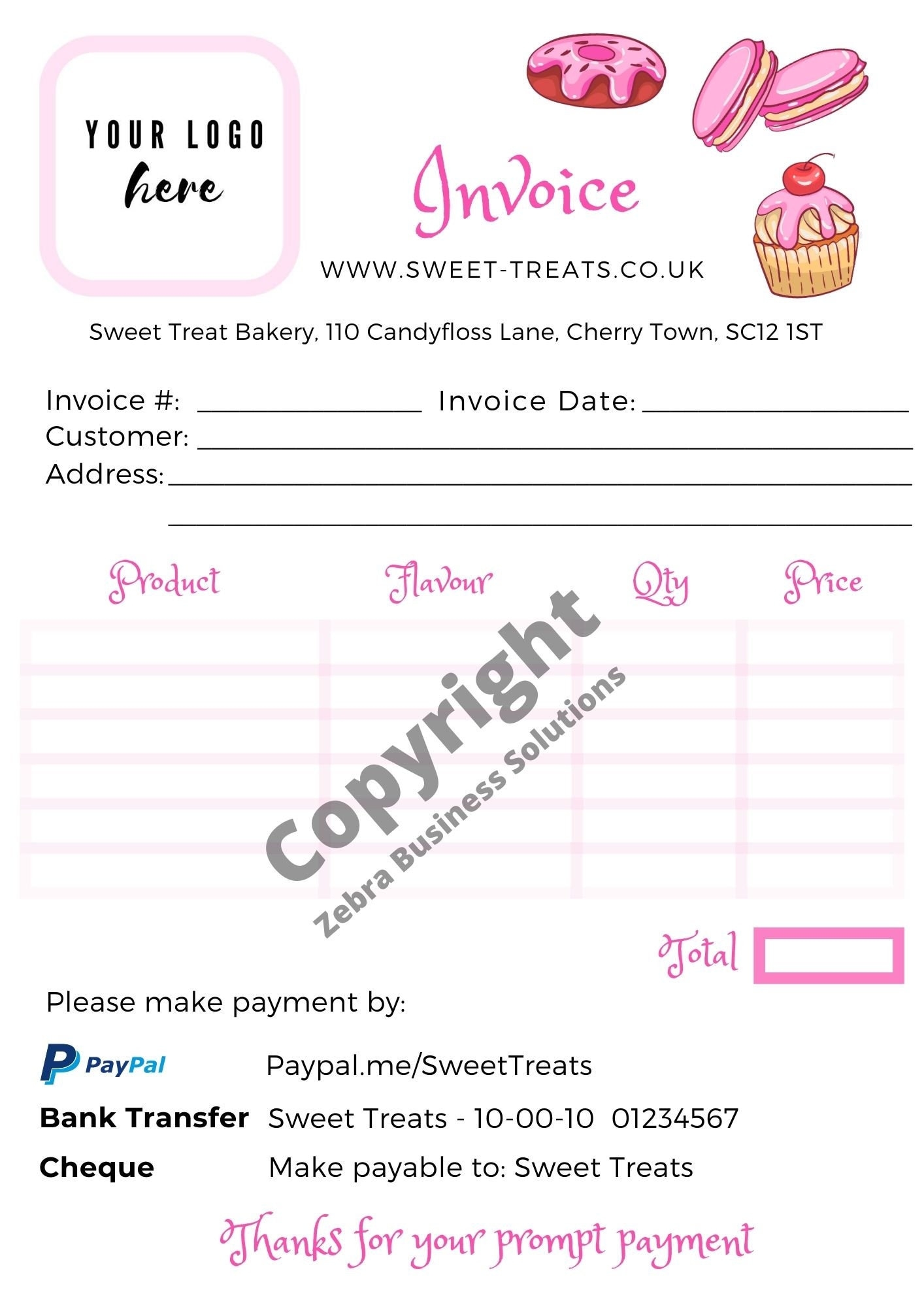 Sweet Treats Invoice Template Bakery Template Cake Business Invoice Template Downloadable Invoice Template Canva Template Etsy