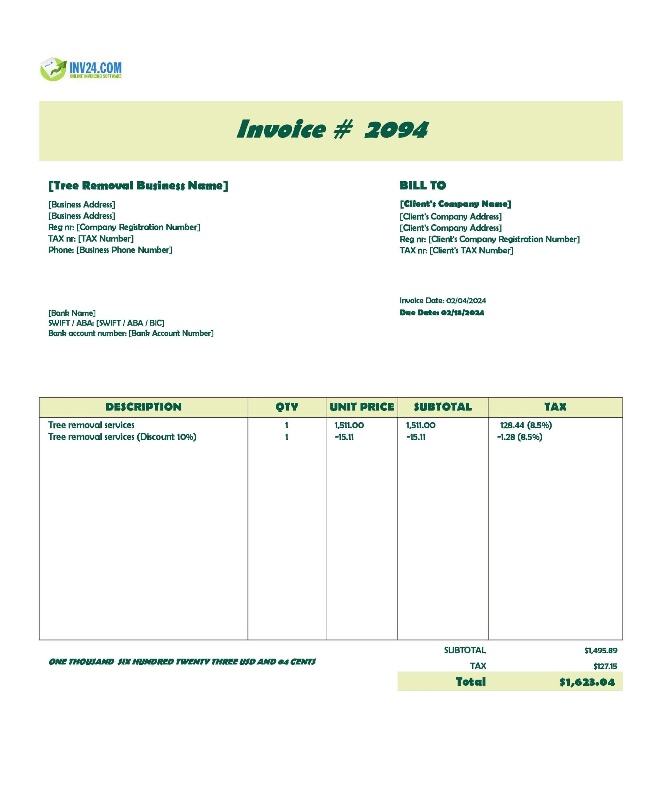 Tree Removal Service Invoice Template Excel Google Sheets 