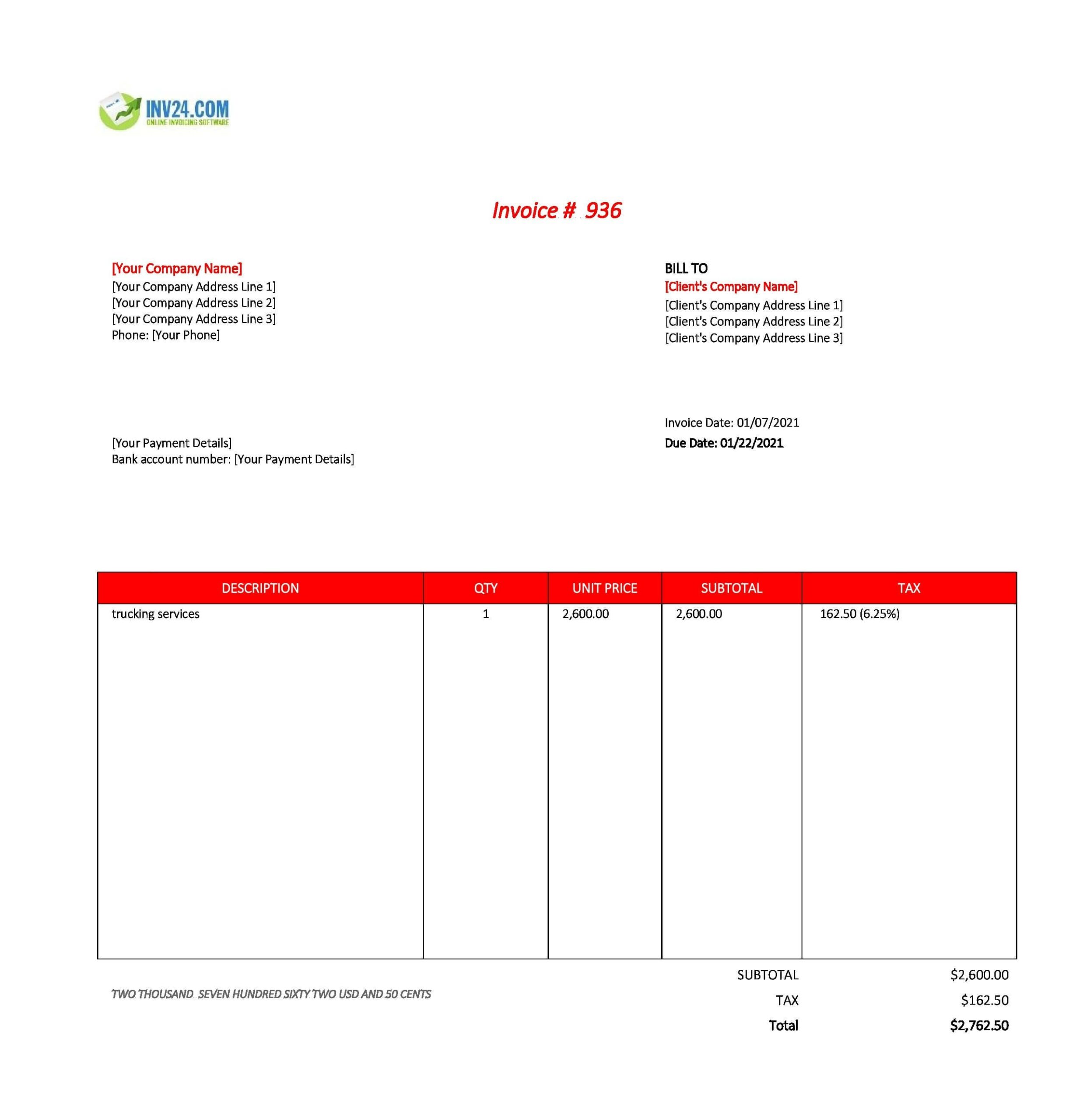 Trucking Invoice Template Excel Google Sheets 